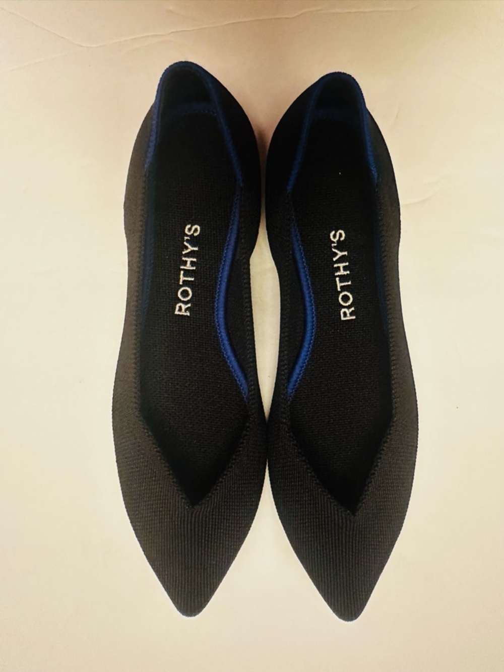 Rothy's Black The Point II Knit Flats with Blue Trim